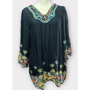 Womens Size 1X Black Floral Embroidered Beaded Dopamine‎ Dressing Hippie Retro